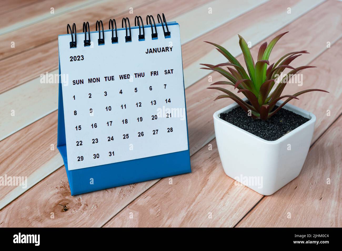 January 2023 desk calendar on top of wooden table with potted plant ...