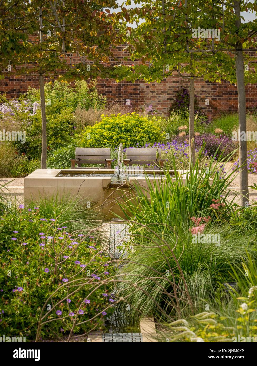 One of the square raised pools in the paradise garden at RHS Bridgewater in Salford. UK Stock Photo