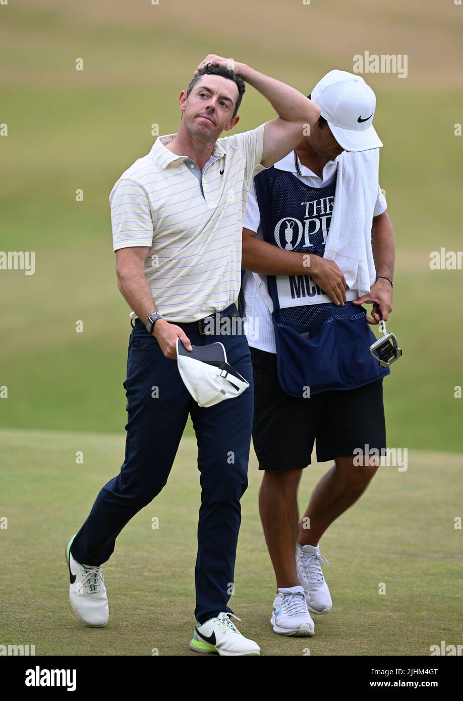 150th Open GolfChampionships, St Andrews, July 17th 2022 Rory McIlroy and his caddie Harry Diamond walk of the18th green during the final round at the Stock Photo