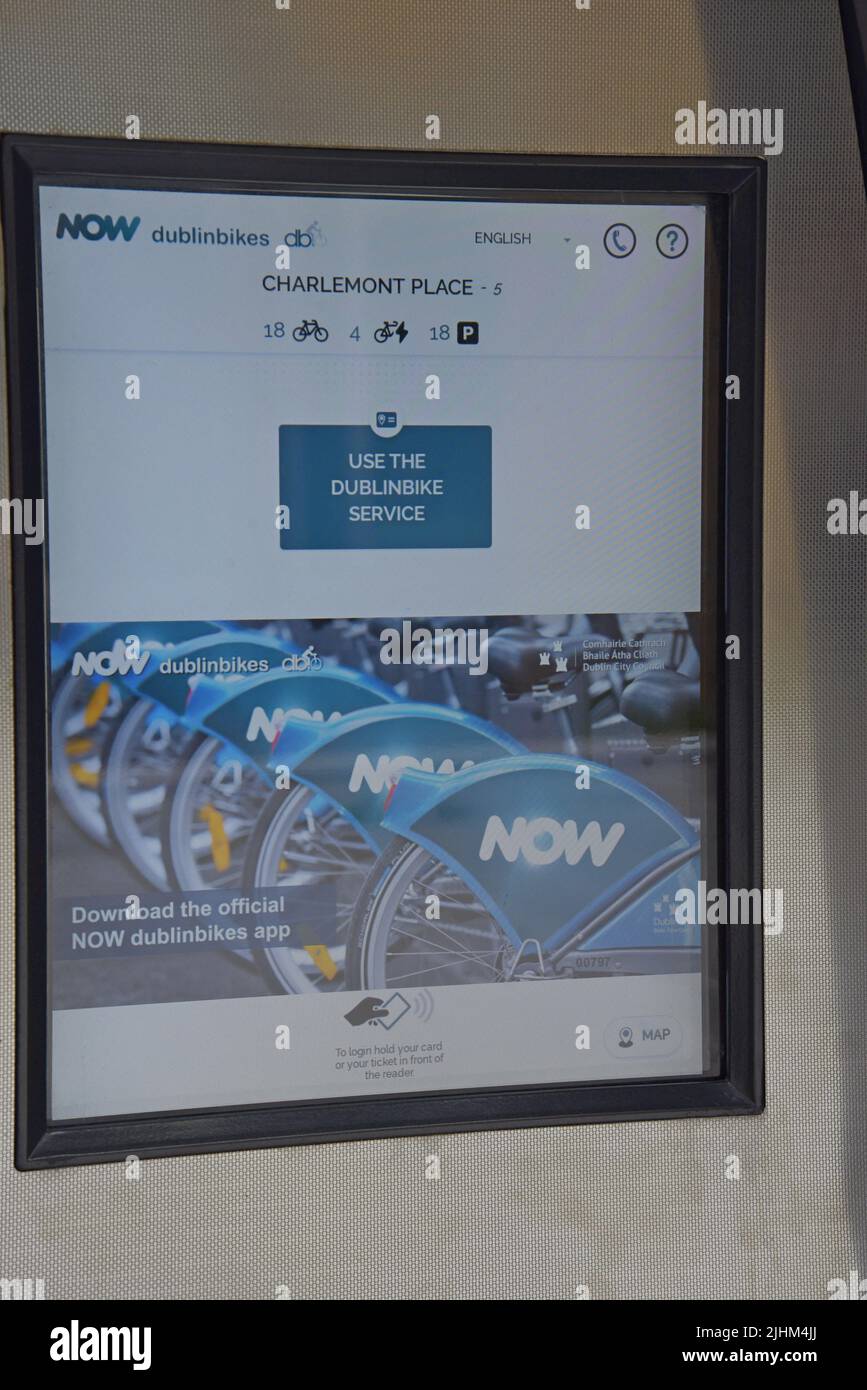 Display LCD panel screen at a docking station for Now bikes, the Dublin docked bike cycle hire service, Dublin, Ireland, July 2022 Stock Photo