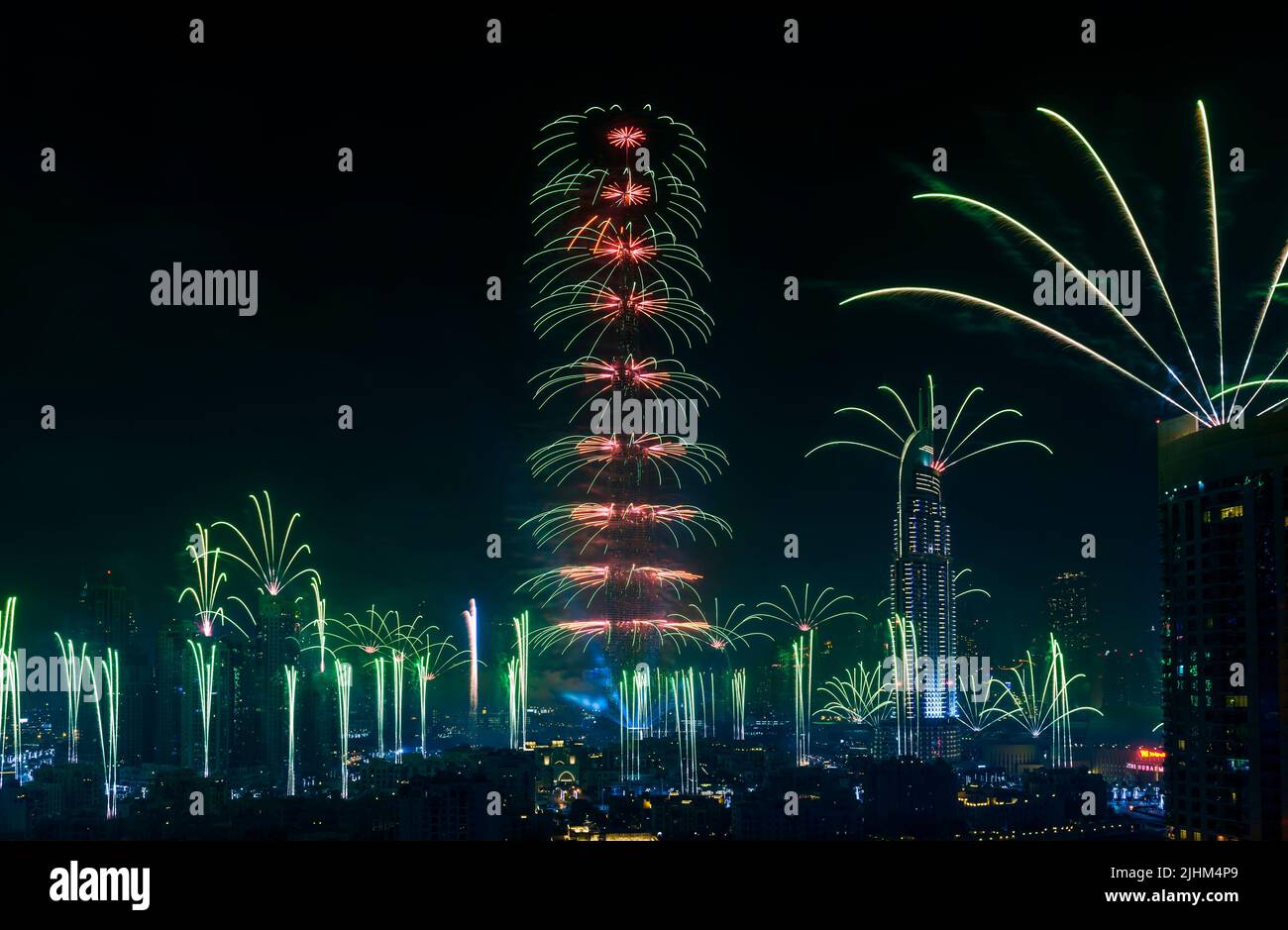 New year fireworks in Burj Khalifa, the tallest tower in the world, Dubai, United Arab Emirates Stock Photo