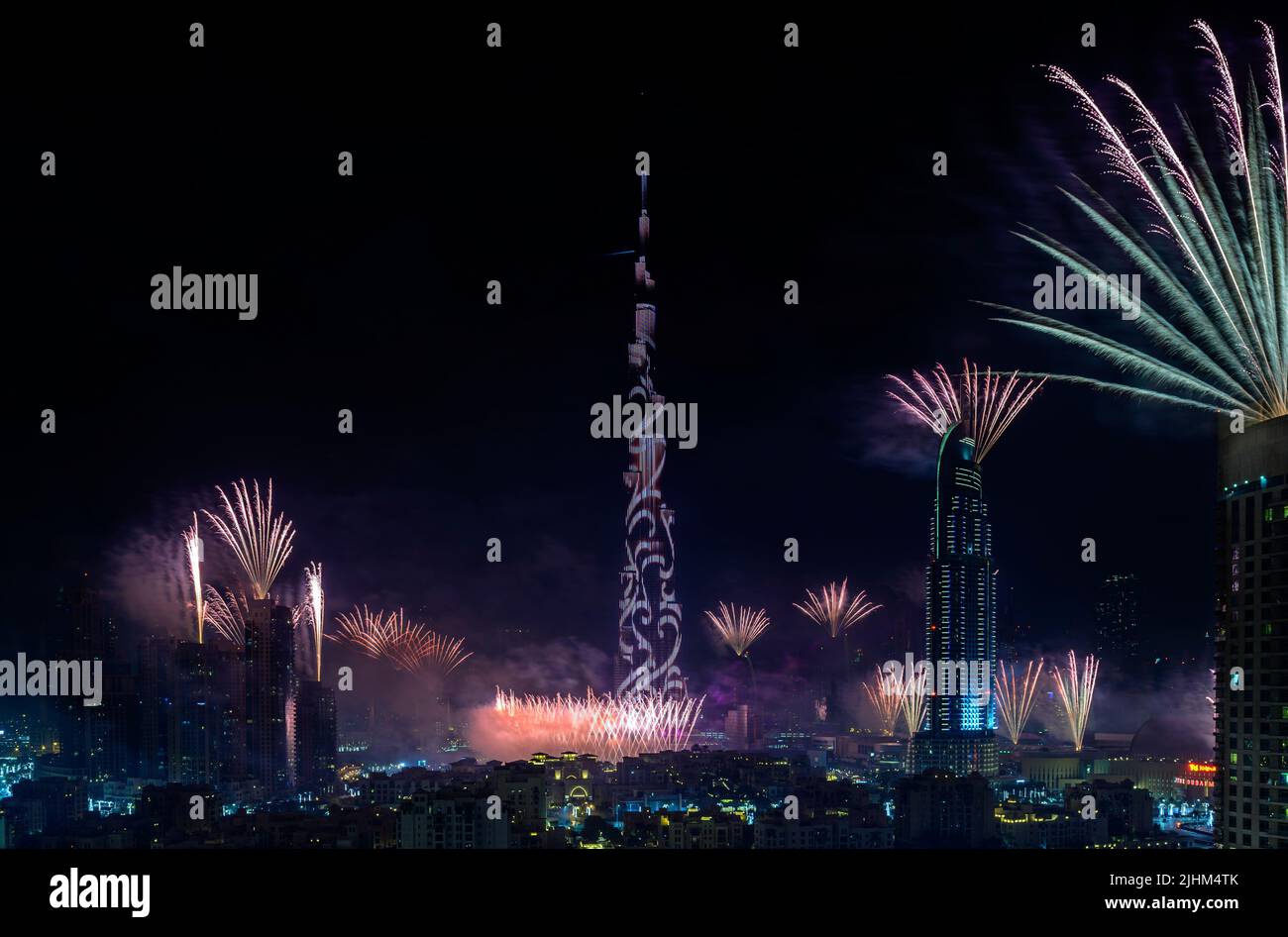 New year fireworks in Burj Khalifa, the tallest tower in the world, Dubai, United Arab Emirates Stock Photo