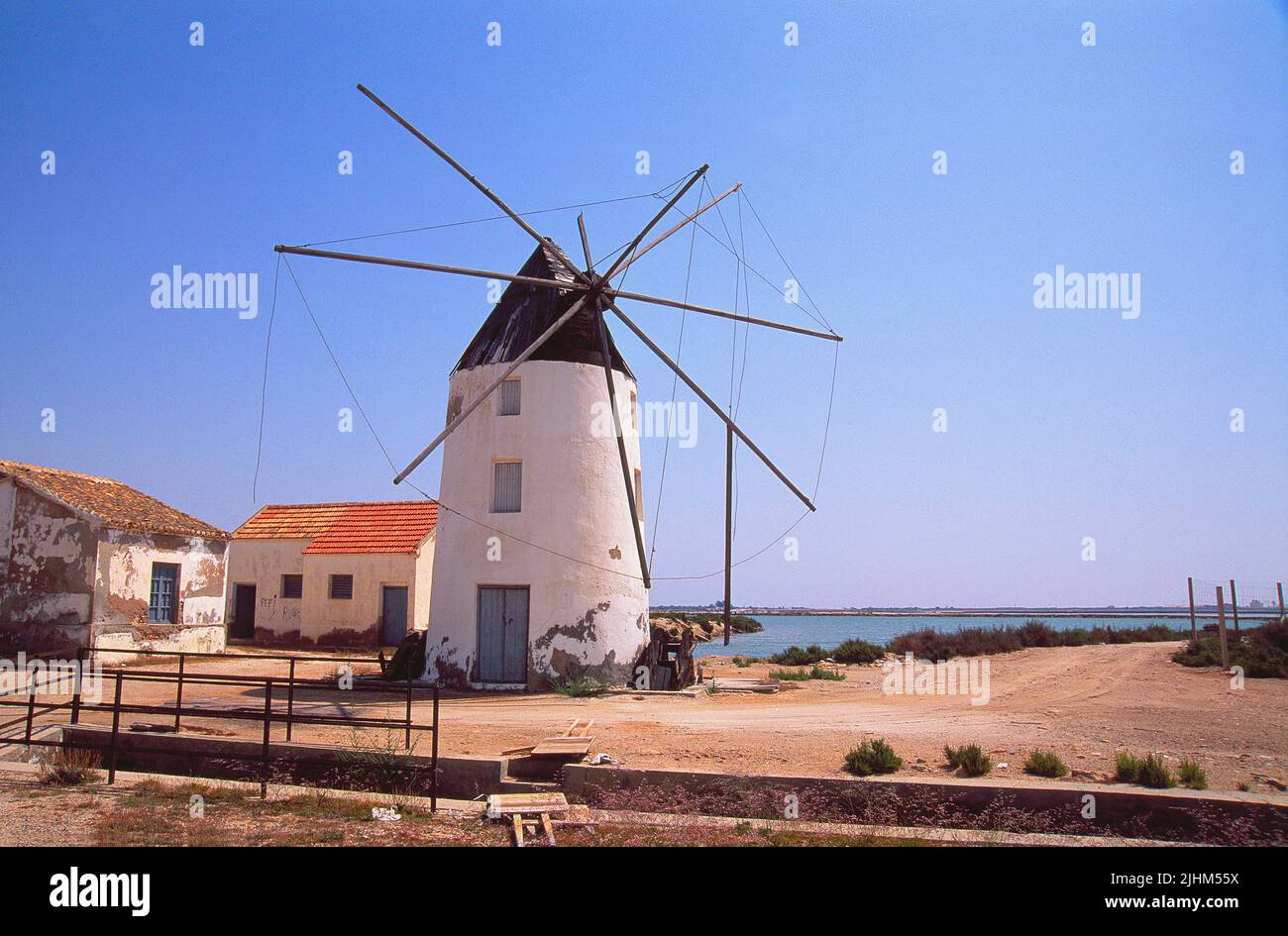 Salt windmill. Lo Pagan, Murcia, Spain. Stock Photo