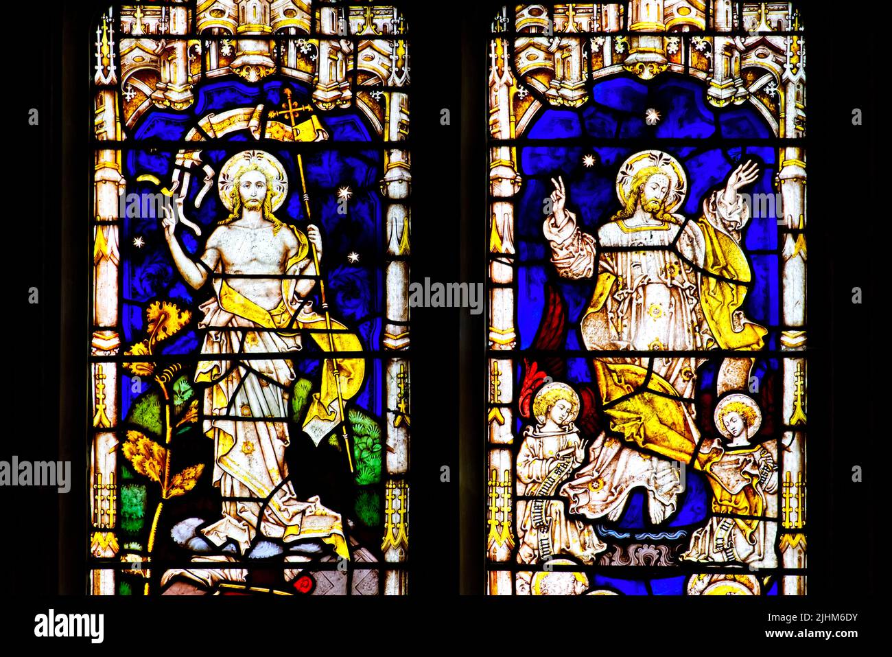 Some of the stained glass windows at Twyford St Mary's Church near Winchester Stock Photo