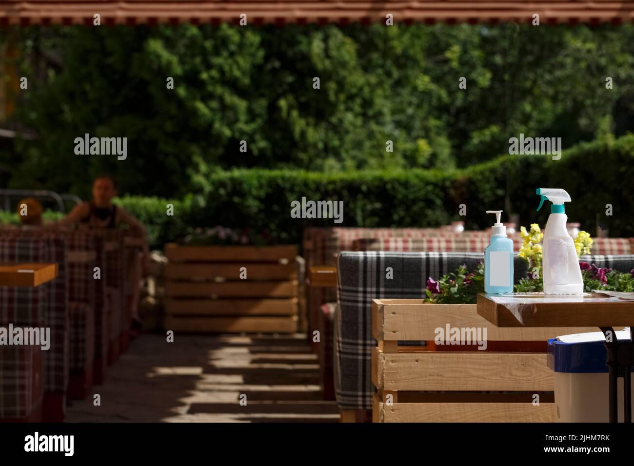 Disinfectants at the entrance to a restaurant or cafe, Coronavirus