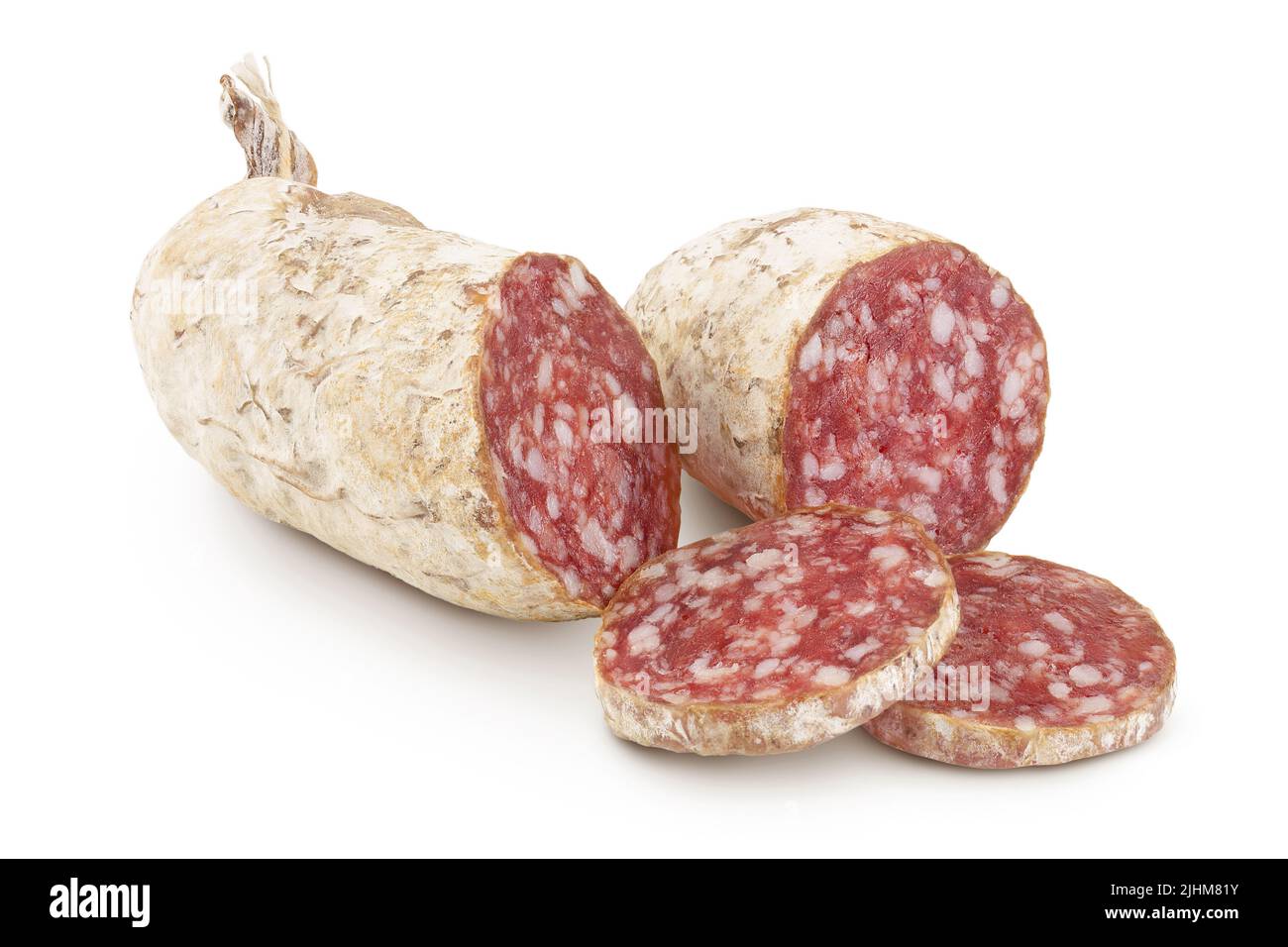 Cured salami sausage isolated on white background. Italian cuisine with full depth of field