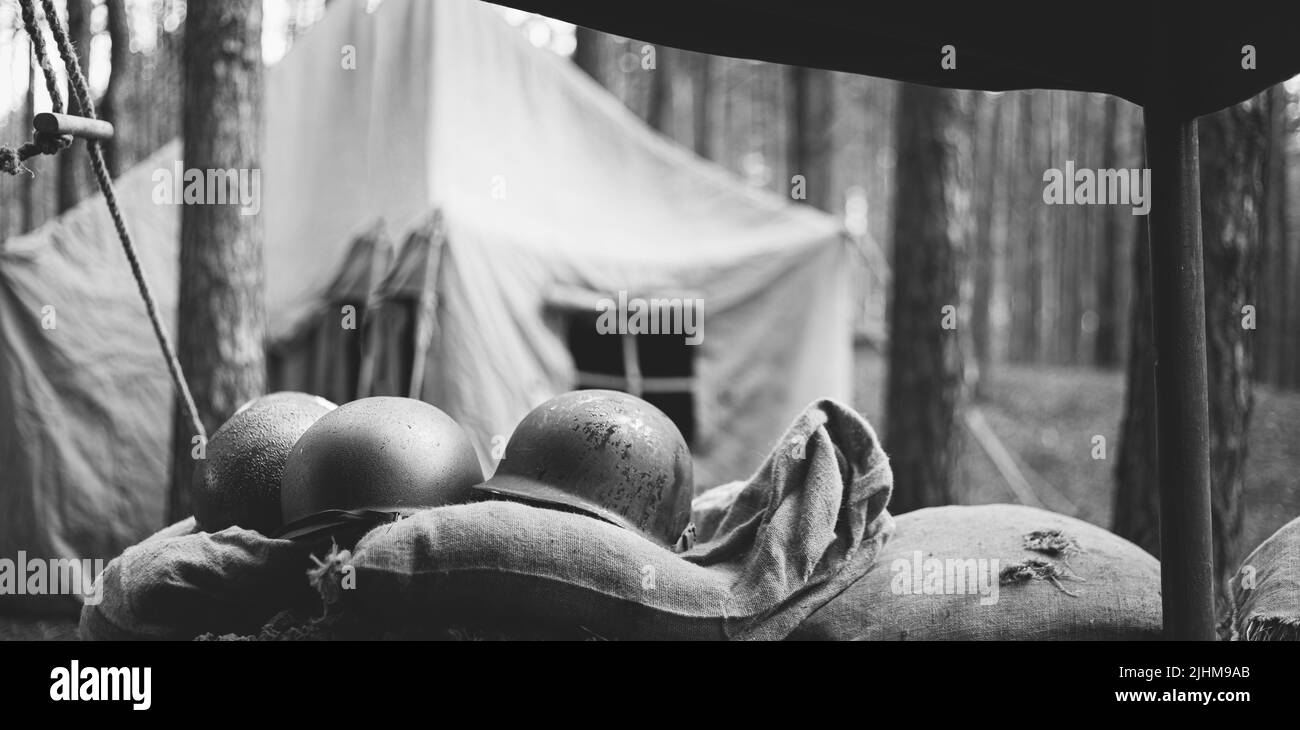 Metal Helmets Of United States Army Infantry Soldier At World War II ...