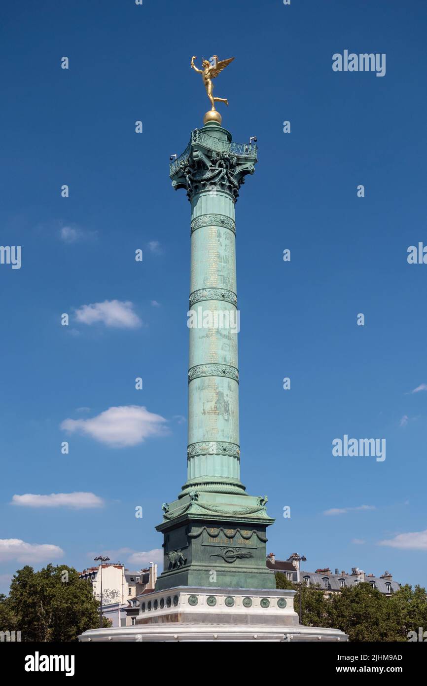 PARIS, FRANCE -AUGUST 02, 2018:  The July Column Monument (Colonne de Juillet) commemorating the Revolution of 1830 in Place de la Bastille Square Stock Photo