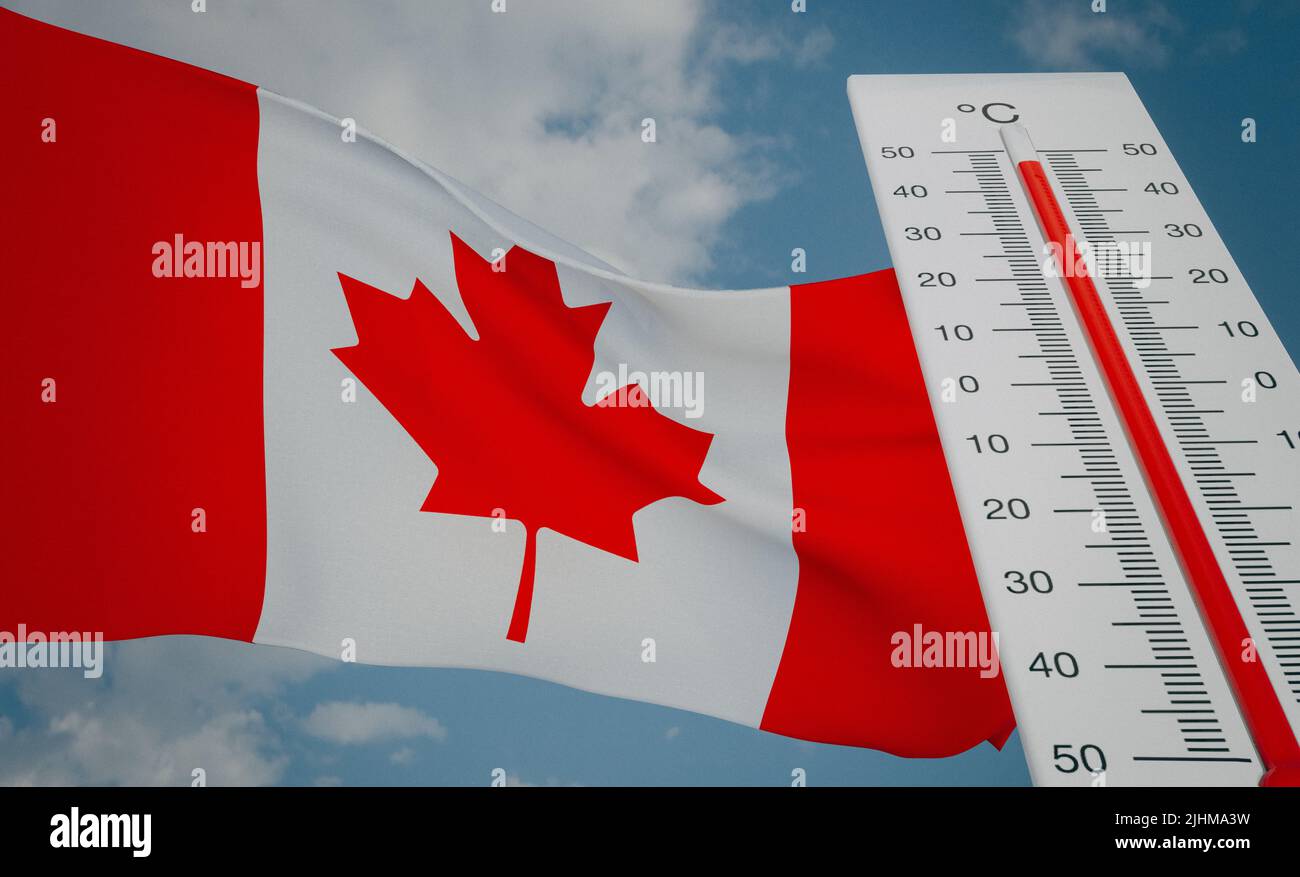 Heat wave in Canada, Thermometer in front of flag Canada and sky background, heatwave in Canada