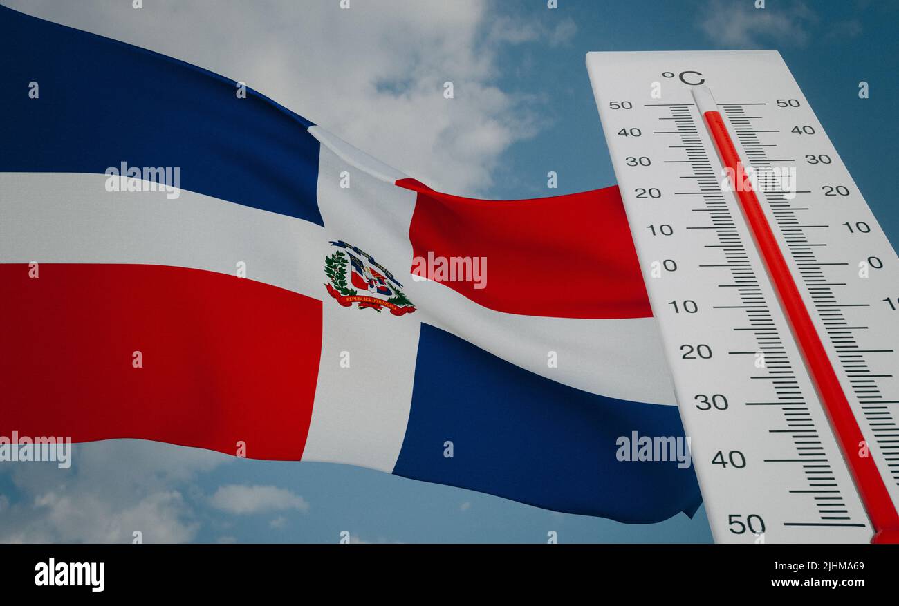Heat wave in Dominican Republic, Thermometer in front of flag Dominican