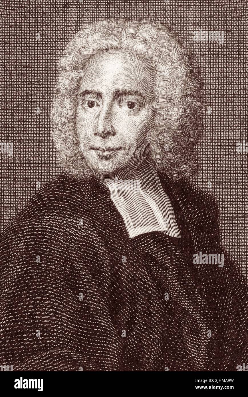 Isaac Watts (1674–1748), known as The Father of English Hymnody,  was a hymn writer, Congregational minister, theologian, and logician. He was prolific and popular as a hymn writer and is credited with some 750 hymns, including "When I Survey the Wondrous Cross", "Joy to the World", and "O God, Our Help in Ages Past". Stock Photo