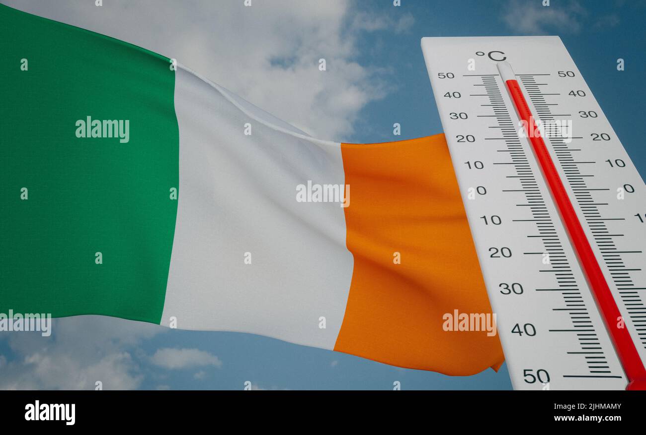 Heat wave in Ireland, Thermometer in front of flag Ireland and sky