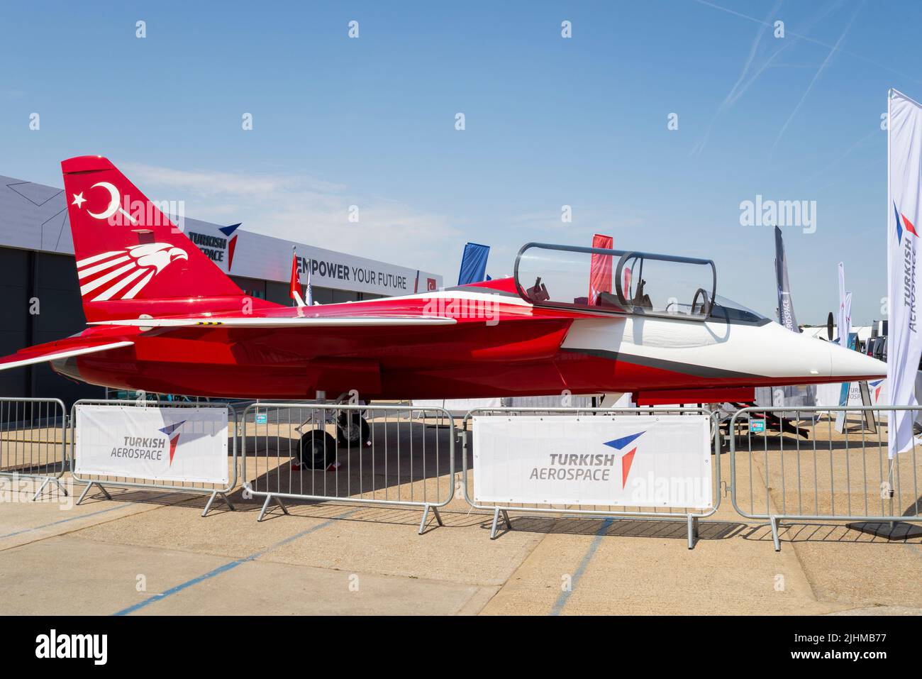 Turkish Aerospace Industries Hürjet at the Farnborough International Airshow 2022. Supersonic advanced trainer and light combat aircraft design Stock Photo