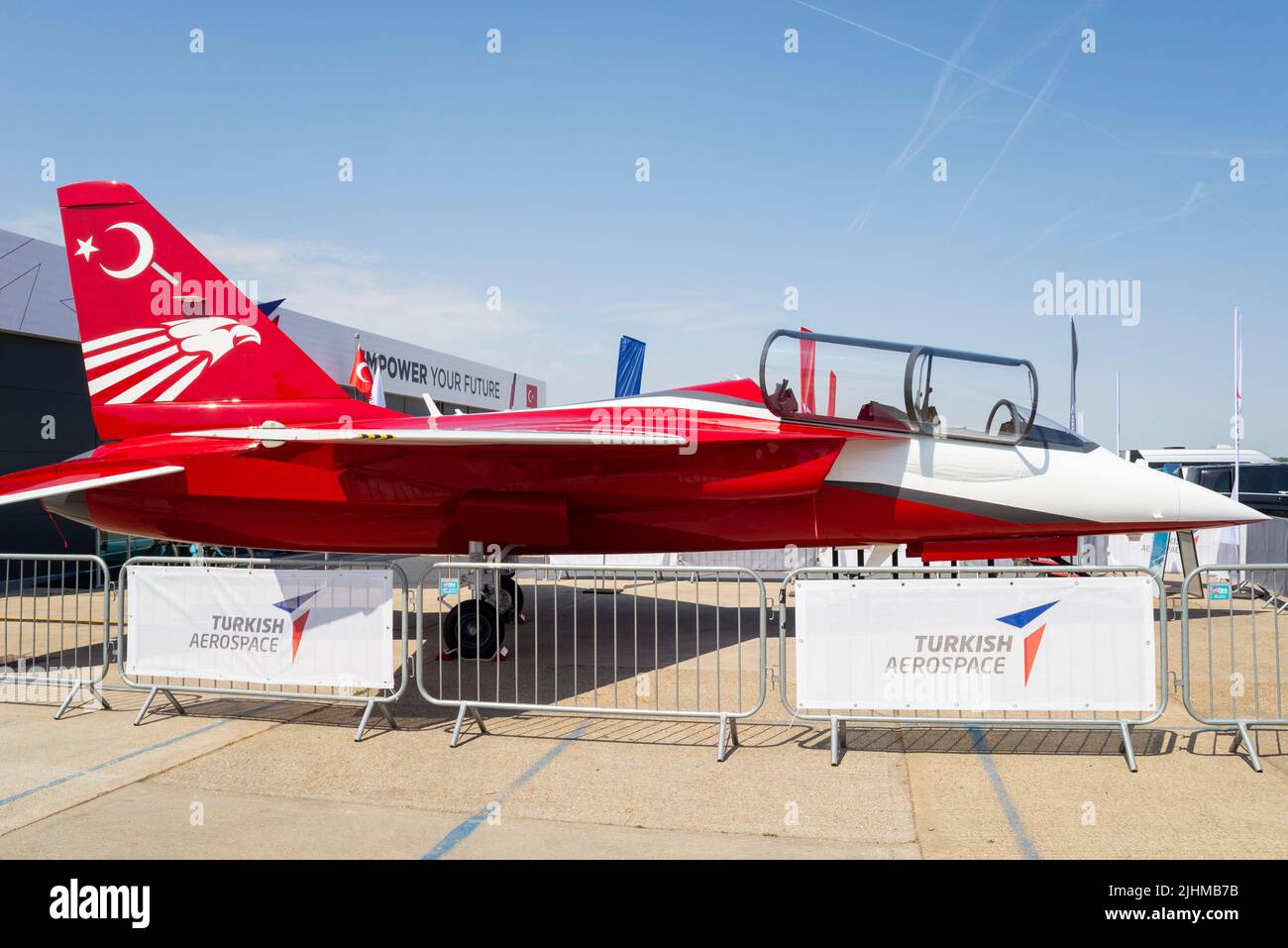 Turkish Aerospace Industries Hürjet at the Farnborough International Airshow 2022. Supersonic advanced trainer and light combat aircraft design Stock Photo