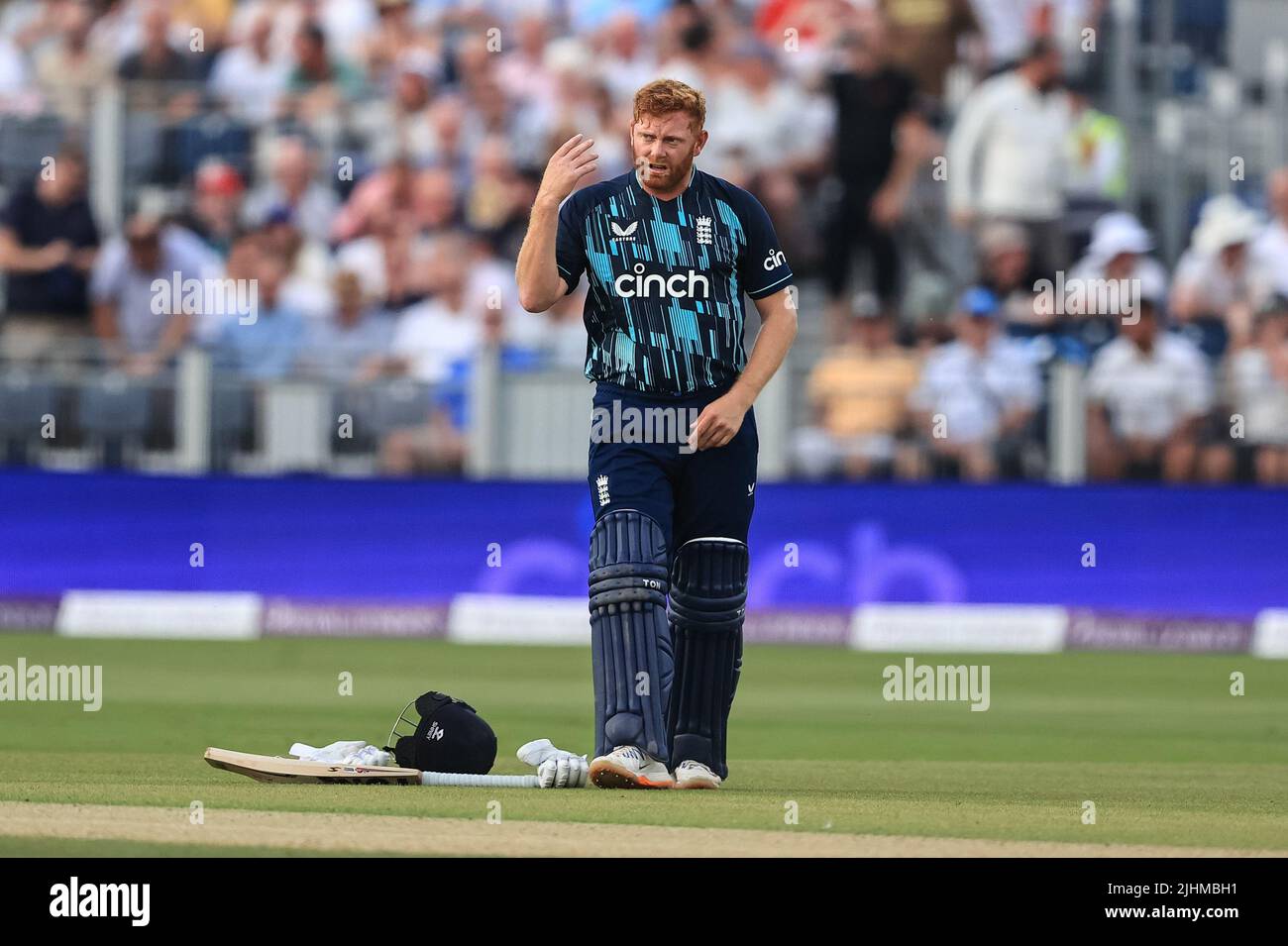 Jonny Bairstow of England calls for the physio after he struggles with cramp Stock Photo