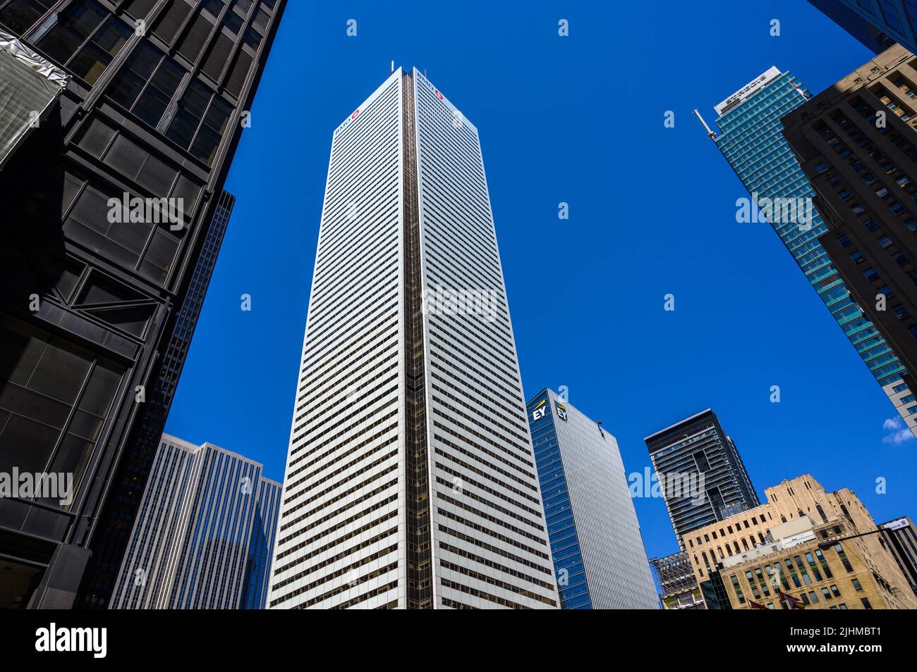 Bank of Montreal (BMO) building flanked by Ernst & Young (EY) office building to the right and TD Centre left, downtown Toronto, Ontario, Canada. Stock Photo