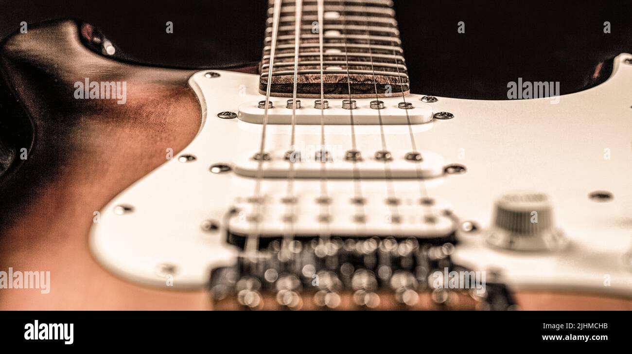 Stringed electric musical instrument. Musical instrument for rock, blues, metal songs. Guitar