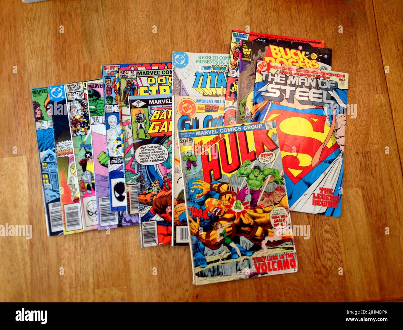 A collection of vintage comic books from the 1980s of various Super Heroes. Stock Photo