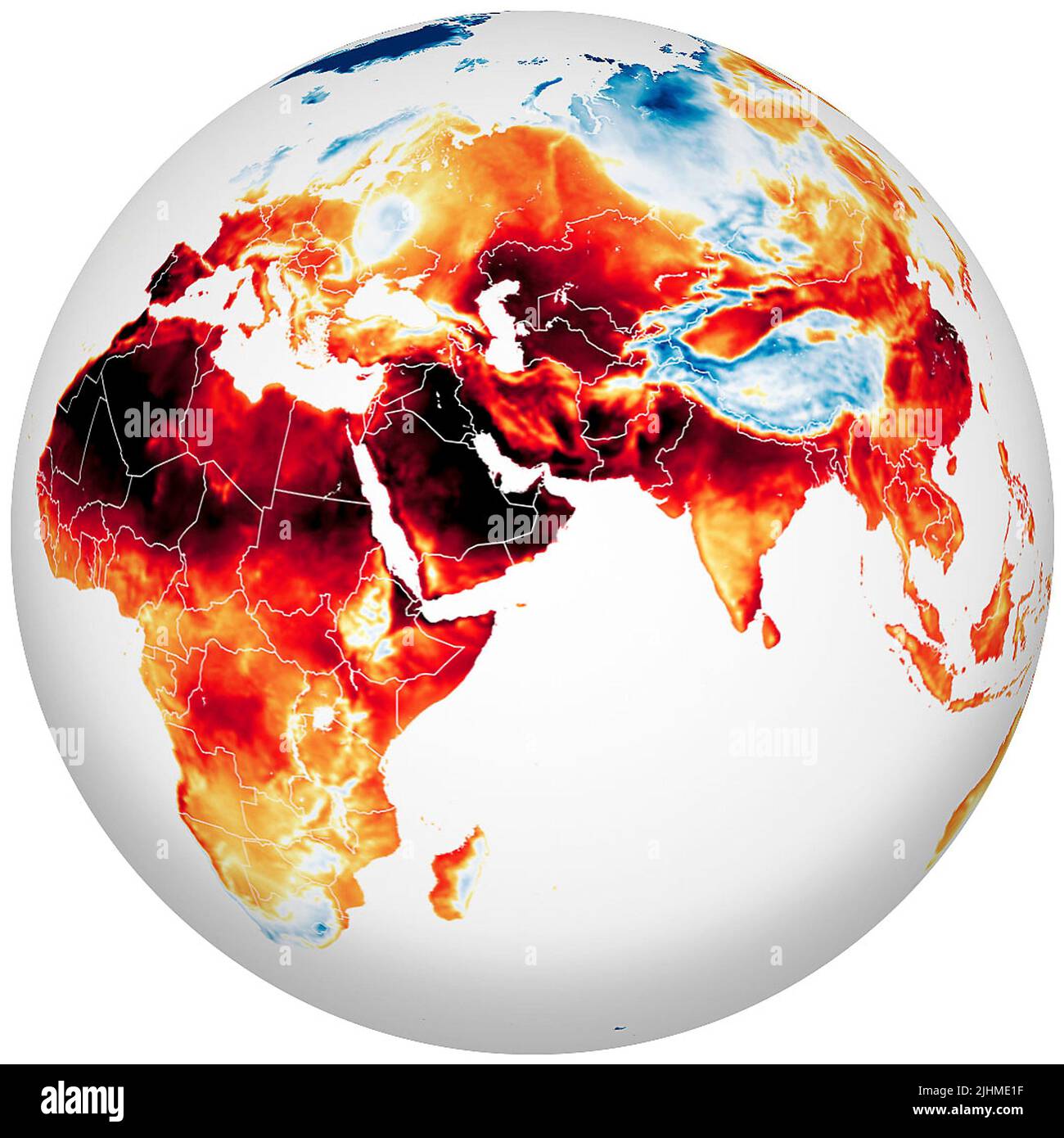 A satellite image showing in shades of red, the surface air temperatures across most of the Eastern Hemisphere taken by the Goddard Earth Observing System, July 13, 2022 In Earth Orbit. In June and July 2022, heatwaves struck Europe, North Africa, the Middle East, and Asia, as temperatures climbed above 40 degrees Celsius (104 degrees Fahrenheit) breaking many long-standing records. Stock Photo