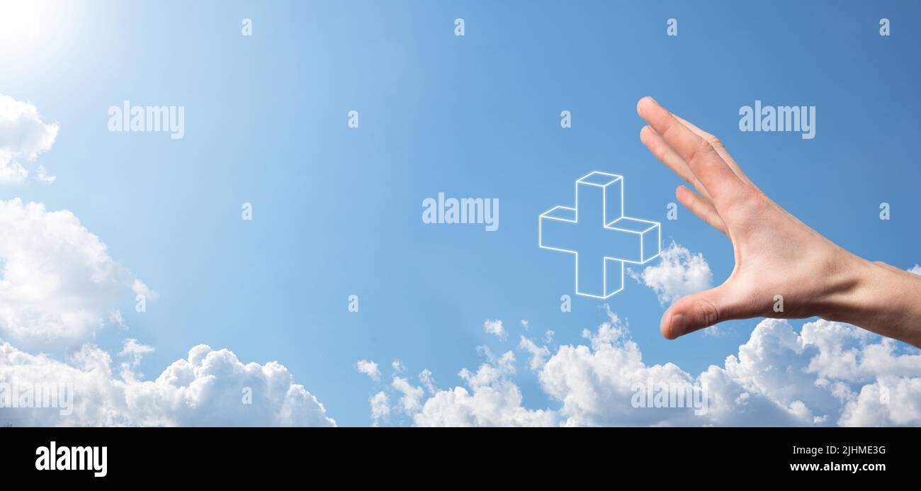 Businessman hold 3D plus icon, man hold in hand offer positive thing ...