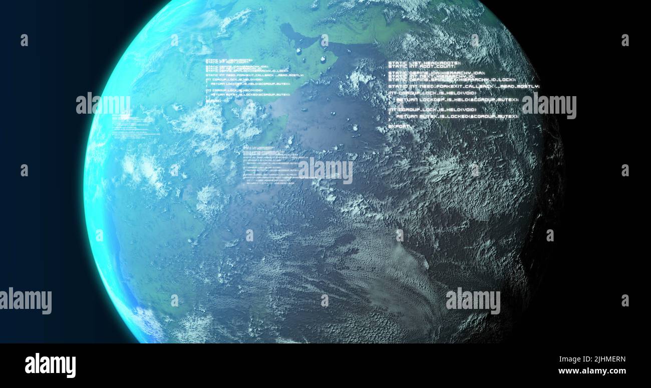 Image of globe and data processing on navy background Stock Photo