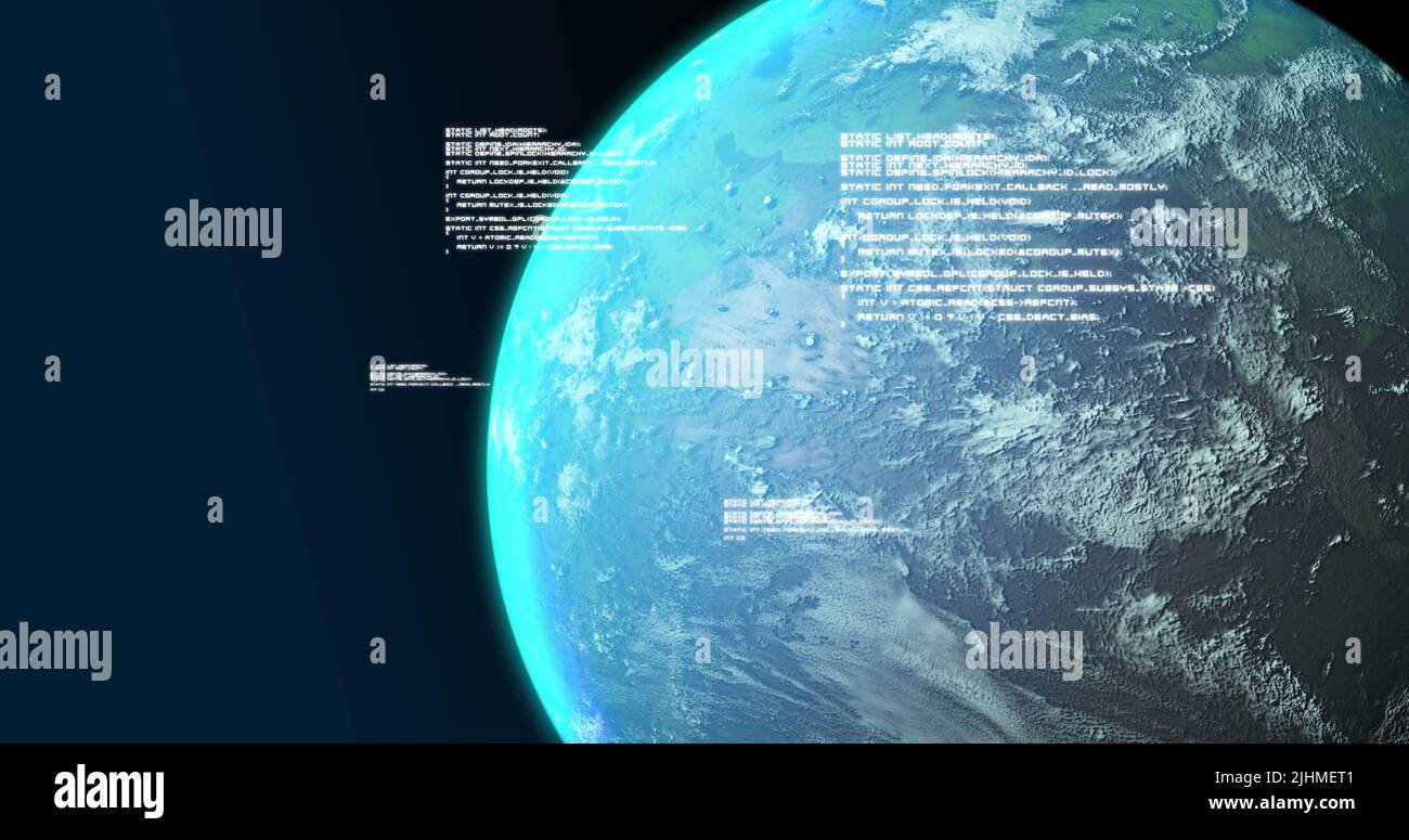 Image of globe and data processing on navy background Stock Photo