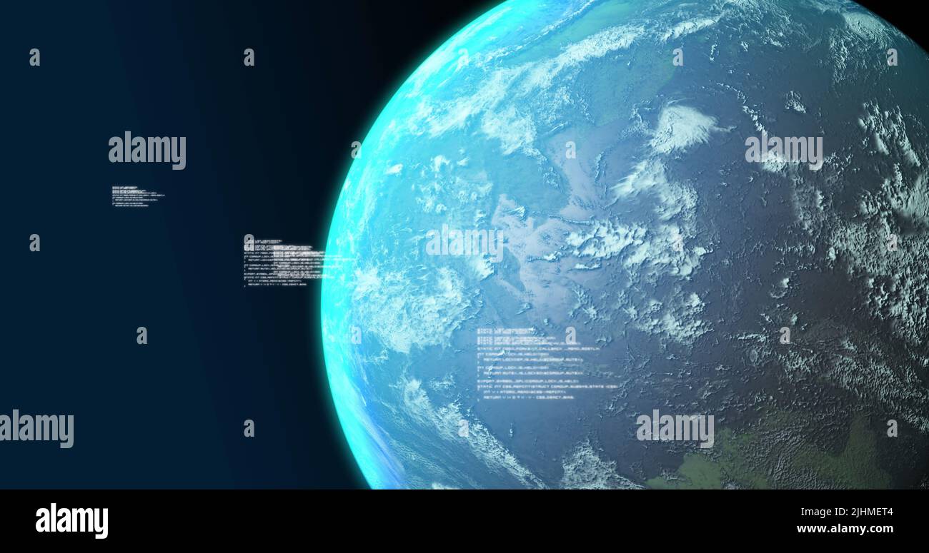 Image of globe and data processing on navy background Stock Photo