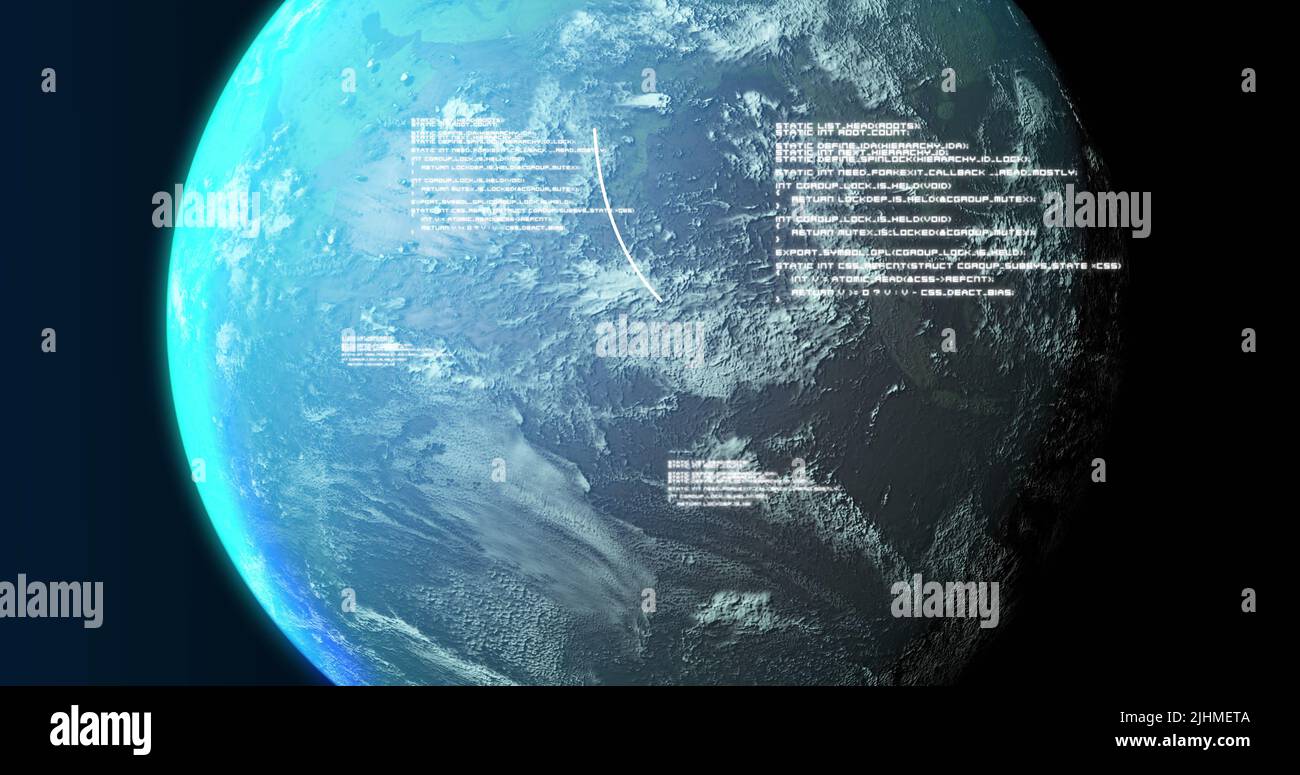 Image of globe and data processing on navy background Stock Photo
