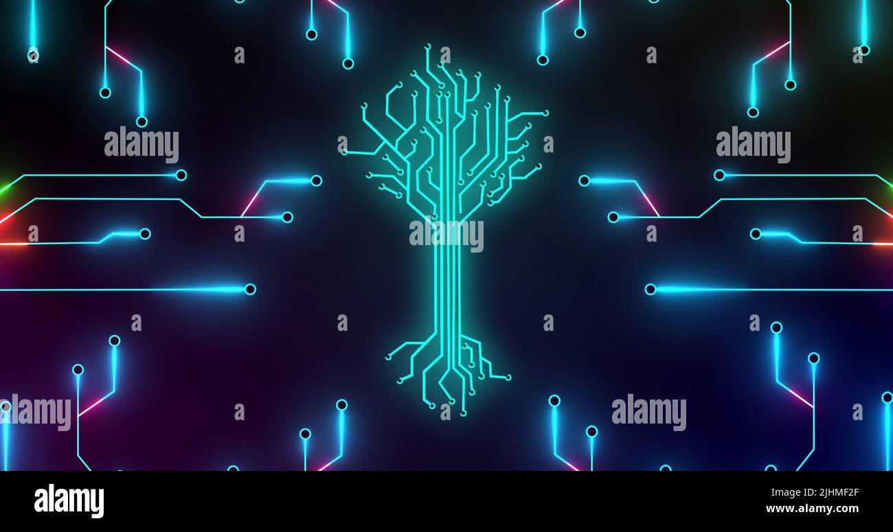 Image of integrated circuit and digital tree on black background Stock Photo
