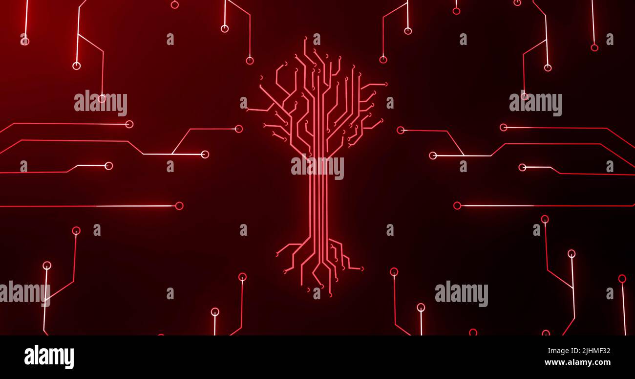 Image of integrated circuit and digital tree on red background Stock Photo