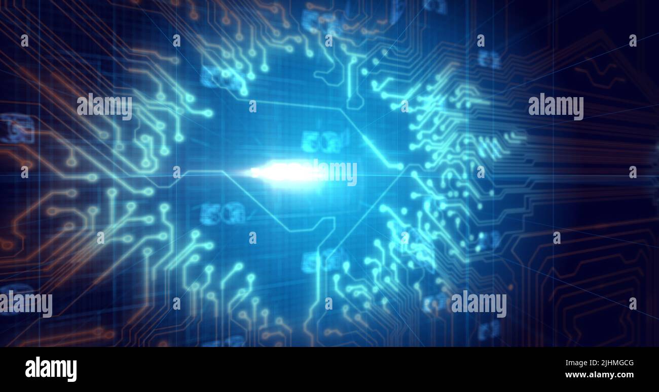 Image of glowing orange 5g text over blue processor socket Stock Photo