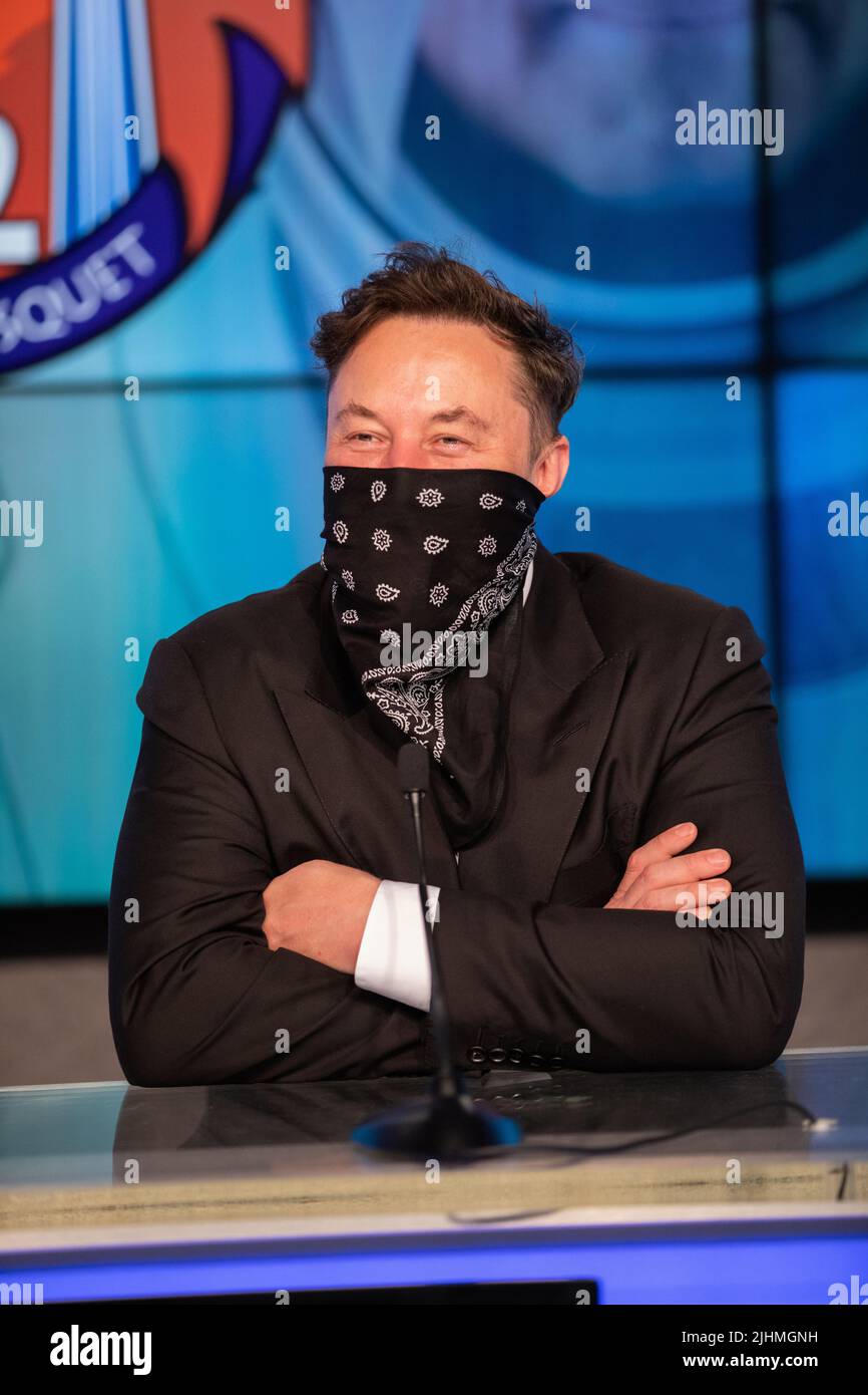 Elon Musk, CEO and lead designer, SpaceX, participates in a post launch news conference for the NASA SpaceX Crew-2 mission at Kennedy Space Center, April 23, 2021, in Cape Canaveral, Florida. The rocket, carrying four astronauts lifted off flawlessly. Stock Photo
