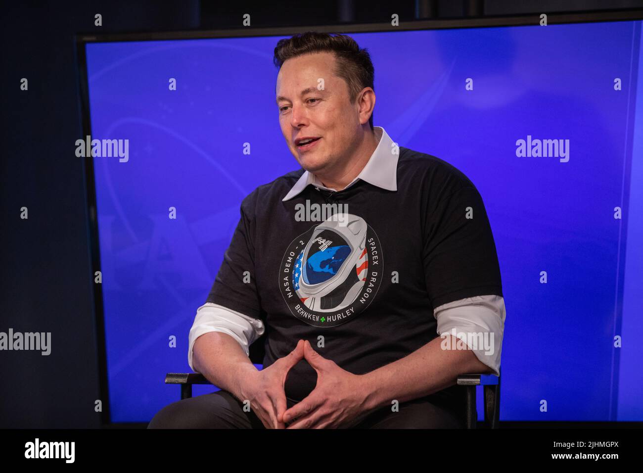 Elon Musk, CEO and lead designer, SpaceX, participates in a post launch news conference for the NASA SpaceX Crew Demo-2 mission at Kennedy Space Center, May 30, 2020, in Cape Canaveral, Florida. Stock Photo