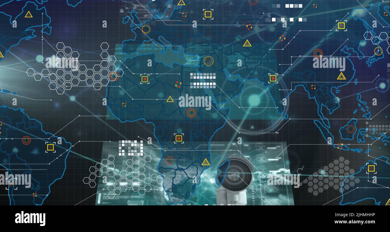 Image of world map over network of connections and data processing ...