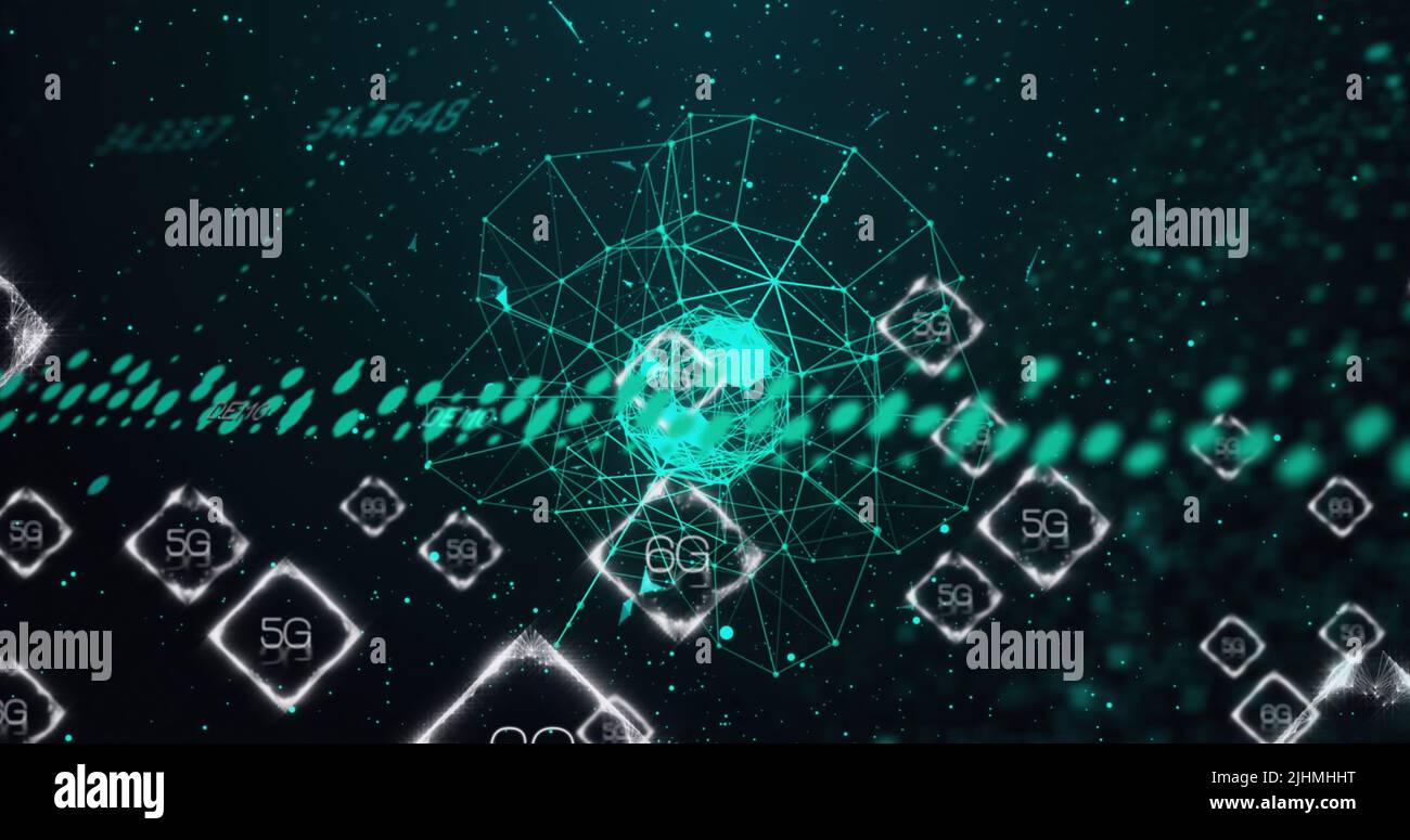 Image of 6g text over globe and data processing Stock Photo