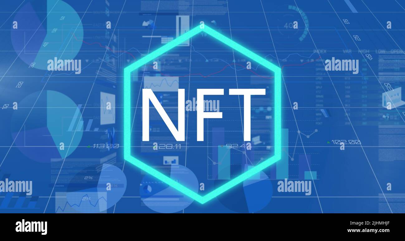Image of nft text over data processing Stock Photo