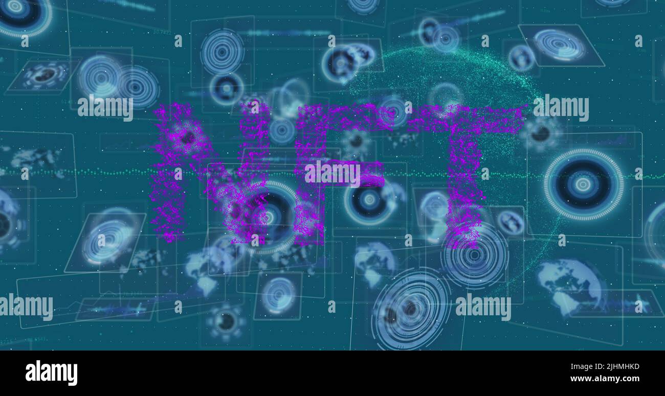 Image of nft text over globe and data processing Stock Photo