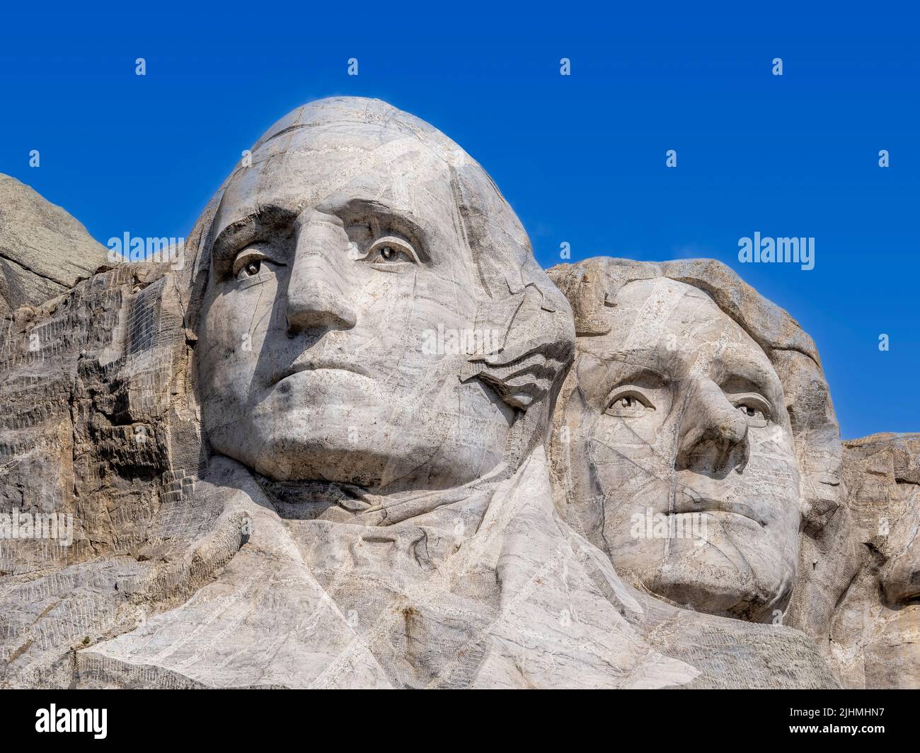 Claoe-up of Washington and Jefferson sculptures at Mount Rushmore National Memorial in the Black Hills of South Dakota USA Stock Photo