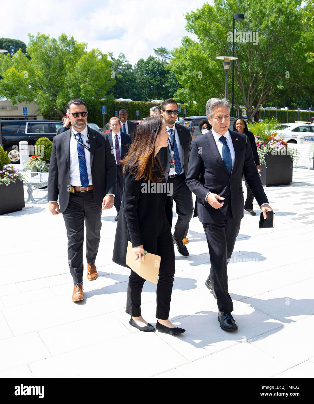 McLean, United States of America. 18 July, 2022. U.S. Secretary of State Antony Blinken, right, is escorted by Avril Haines, Director of National Intelligence on his arrival to address staff at the Office of National Intelligence, July 18, 2022 in McLean, Virginia. Credit: Freddie Everett/State Department/Alamy Live News Stock Photo