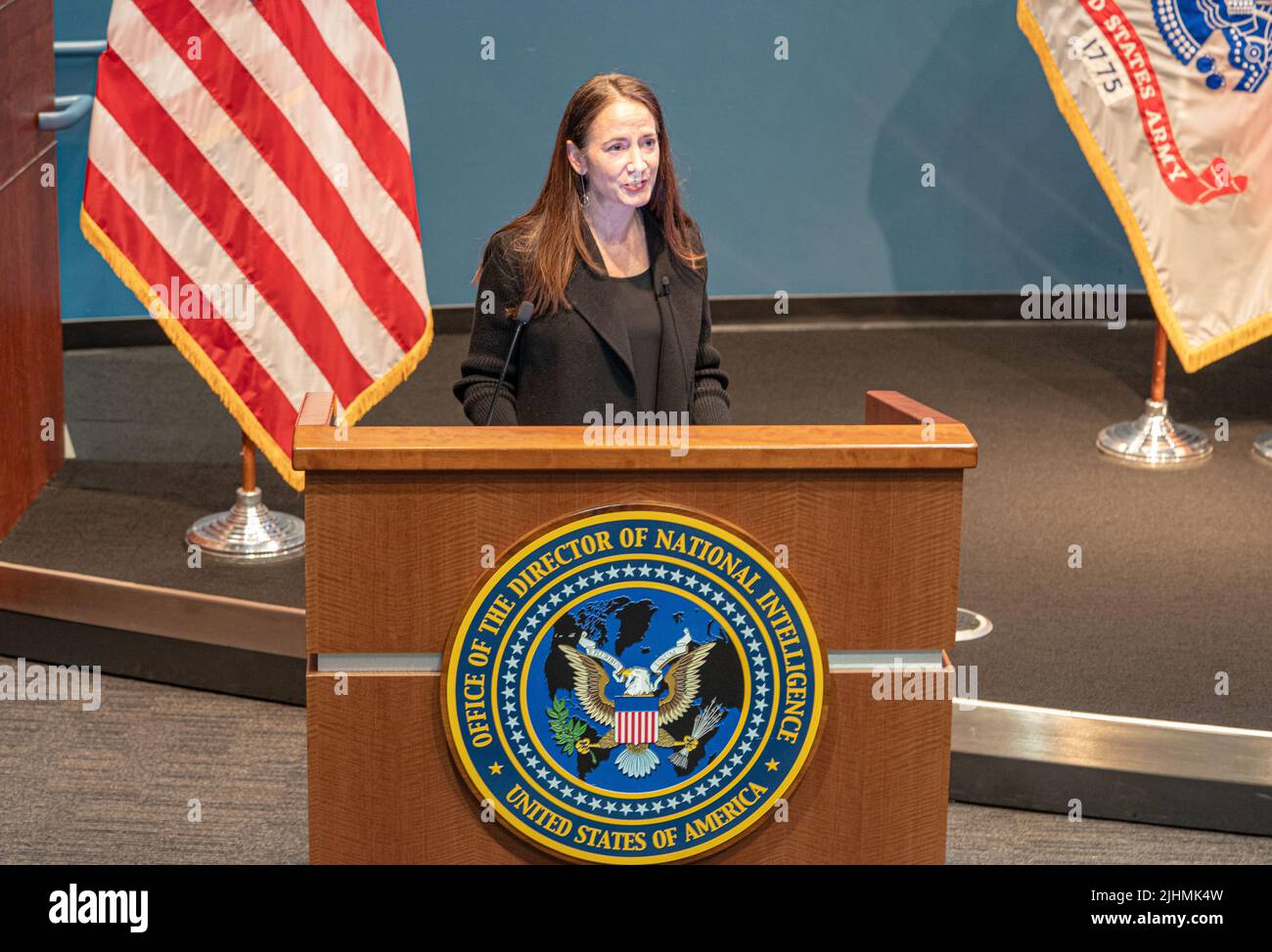 McLean, United States of America. 18 July, 2022. Avril Haines, Director of National Intelligence introduces U.S. Secretary of State Antony Blinken, to deliver remarks at the Office of National Intelligence, July 18, 2022 in McLean, Virginia. Credit: Freddie Everett/State Department/Alamy Live News Stock Photo