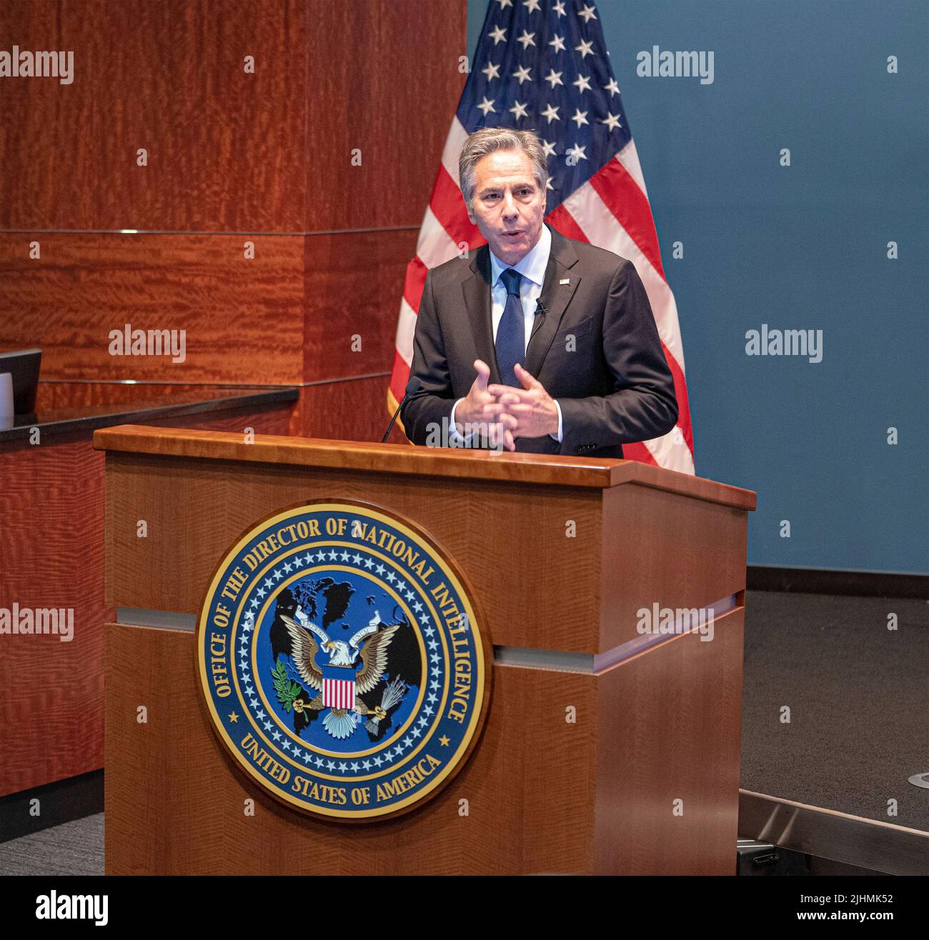 McLean, United States of America. 18 July, 2022. U.S. Secretary of State Antony Blinken, delivers remarks to staff at the Office of National Intelligence, July 18, 2022 in McLean, Virginia. Credit: Freddie Everett/State Department/Alamy Live News Stock Photo