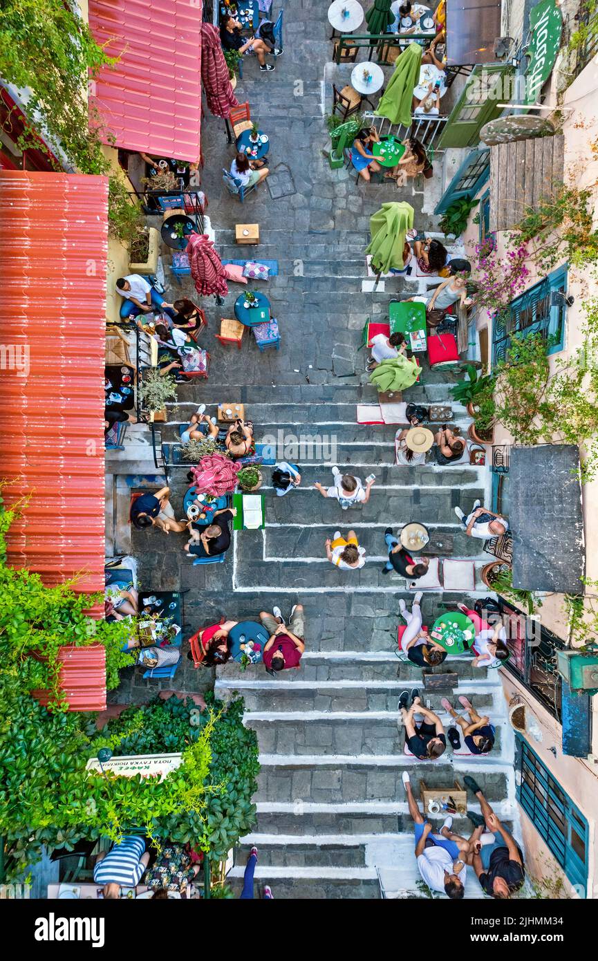 The famous steps of Mnisikleous street, Plaka neighborhood (the 'neighborhood of the gods'), historic center or Athens, Attica, Greece. Stock Photo