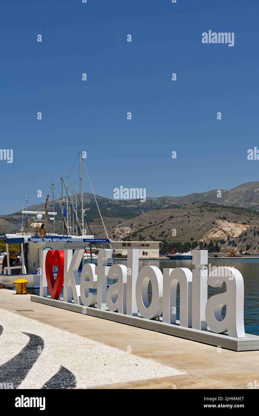 Argostili, Kefalonia, Greece - June 2022: I Love Kefalonia sign on the harbour in Argostili Stock Photo