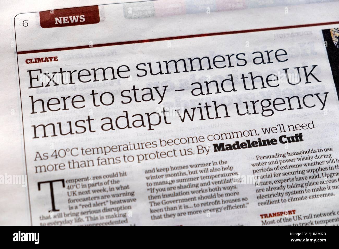 'Extreme summers are here to stay - and the UK must adapt with urgency' i newspaper headline climate crisis article clipping 17th July 2022 London UK Stock Photo