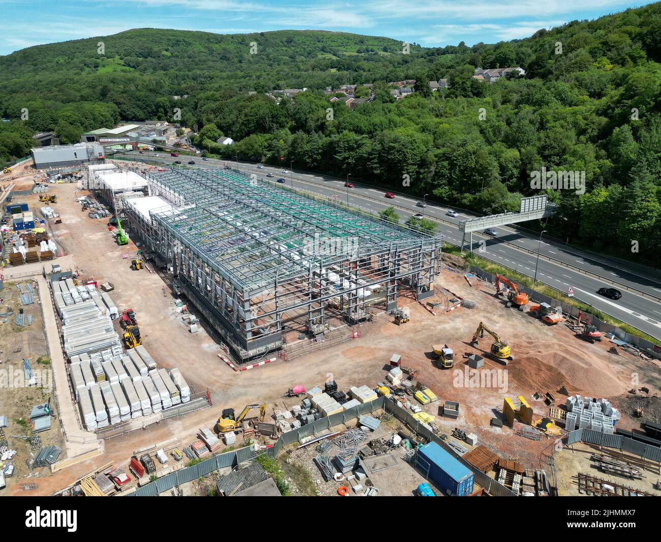 Taffs Well, near Cardiff, Wales July 2022 Aerial view of a new train