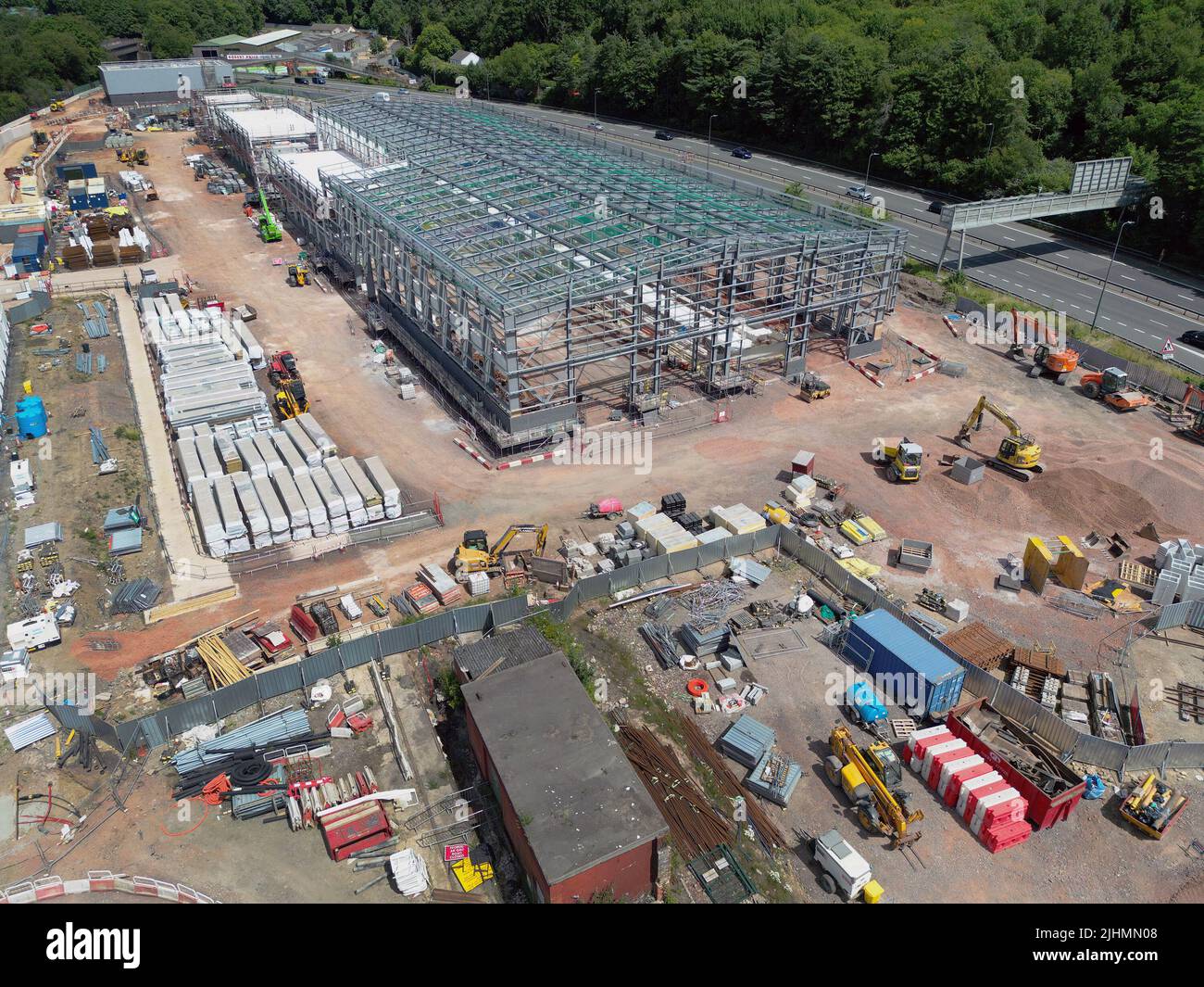 Taffs Well, near Cardiff, Wales July 2022 Aerial view of a new train