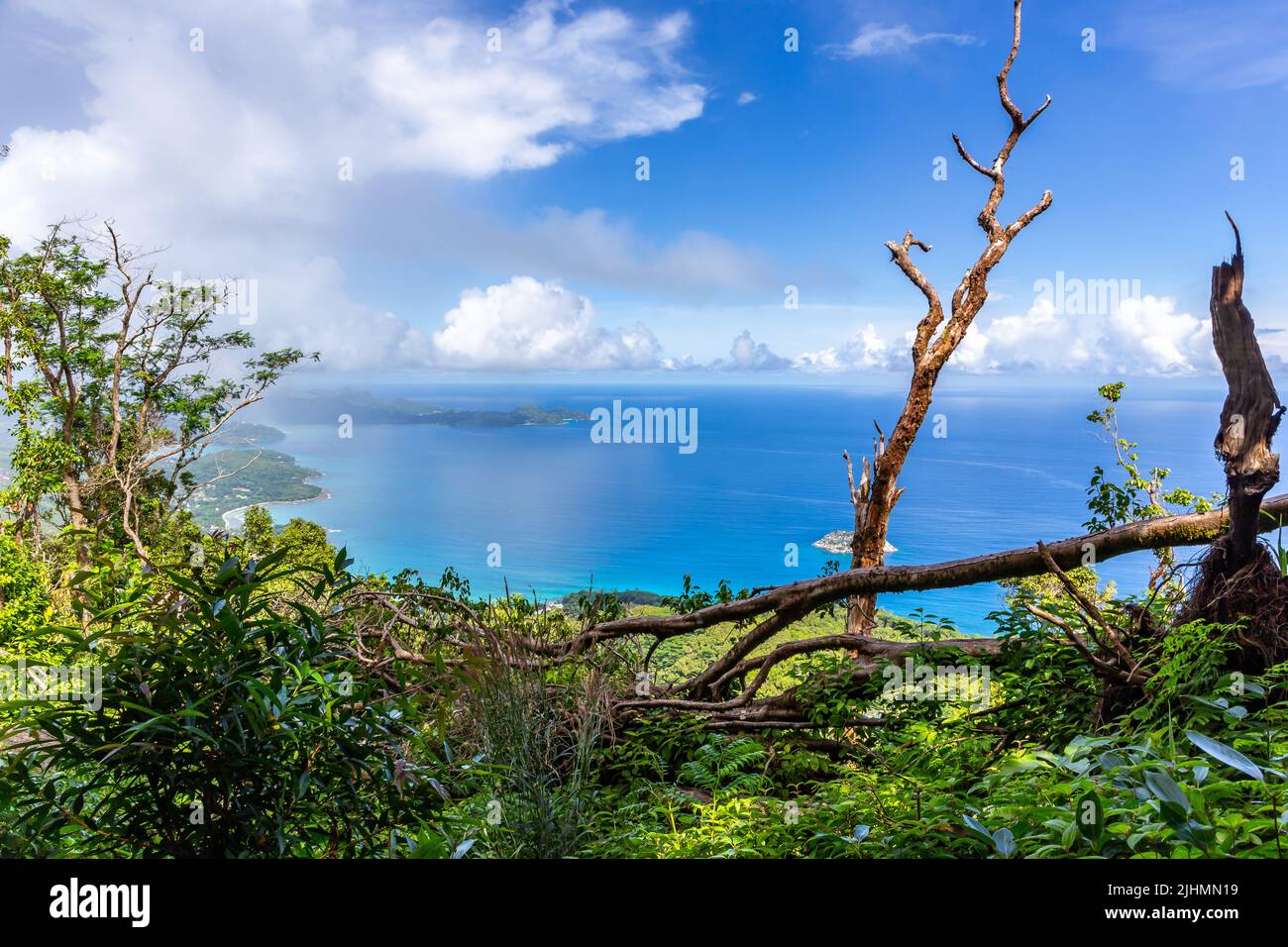 Landscape of Mahe Island, Seychelles seen from Morne Blanc View Point with lush tropical vegetation and crystal blue ocean. Stock Photo