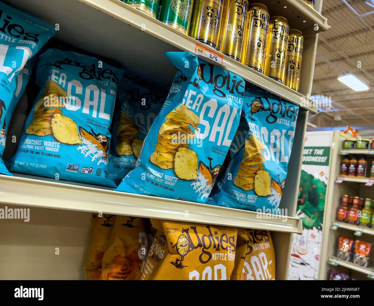 Mill Creek, WA USA - circa June 2022: Close up view of Uglies brand potato chips for sale inside a Sprouts Market. Stock Photo