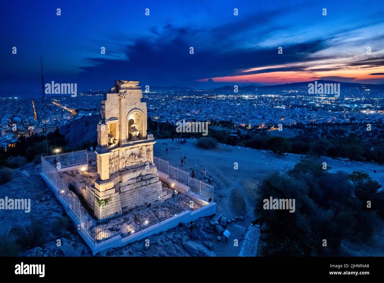The Philopappos monument on Philopappos hill, 'opposite' of the Acropolis of Athens, Greece. Stock Photo