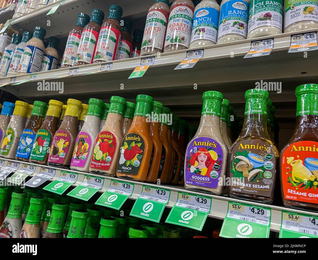Everett, WA USA - circa June 2022: Angled close up of Annie's brand salad dressings for sale inside a Fred Meyer store. Stock Photo